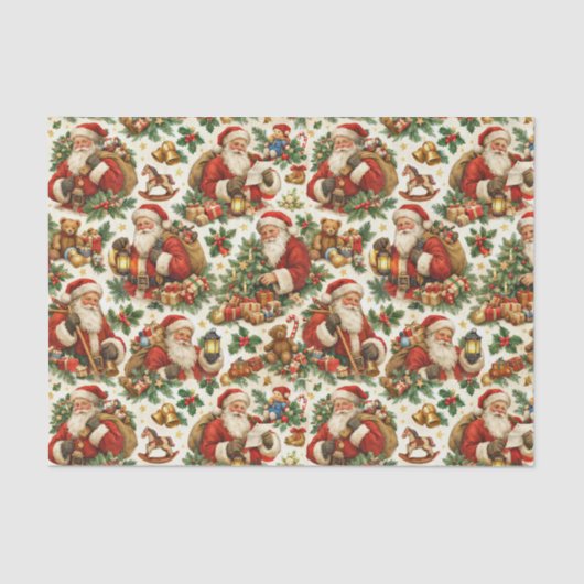 Vintage Cream Christmas Santa Claus Pattern 薄葉紙 (正面)