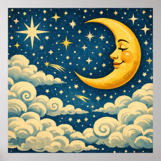 Vintage Crescent Moon Night Sky ポスター (正面)