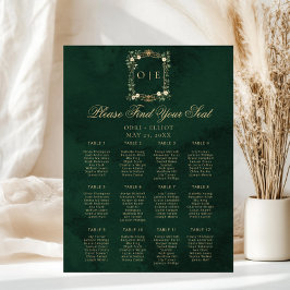 Vintage Crest Monogram Green Gold Wedding Seating ポスター