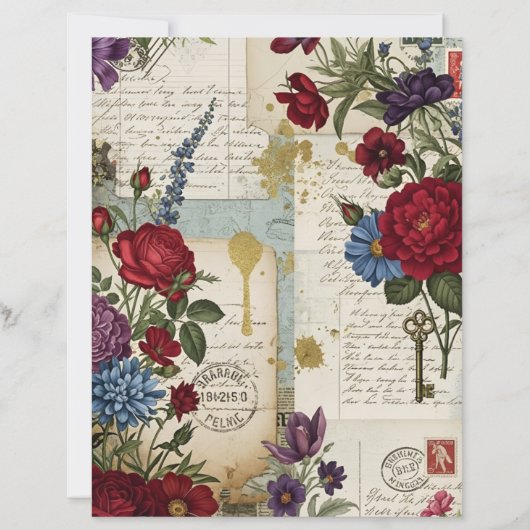 Vintage Crimson Blooms Ephemera Scrapbook Paper (正面)