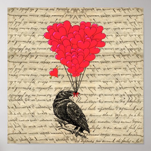 Vintage Crow and heart shaped balloons ポスター (正面)