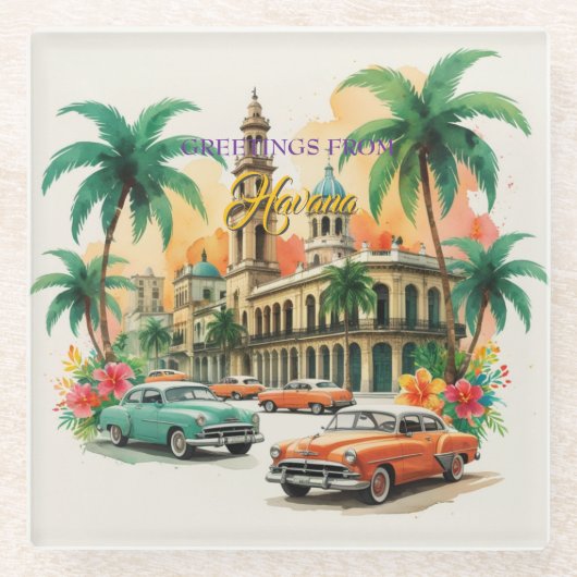 Vintage Cuba Travel - Greetings From Havana ガラスコースター (正面)