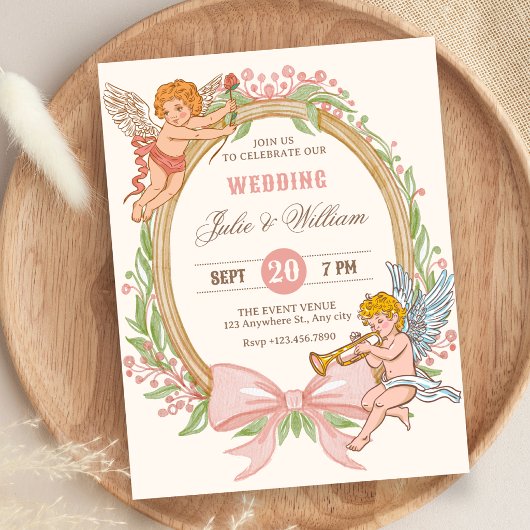Vintage cupid floral bow wedding 招待状