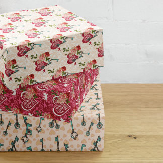 Vintage Cupid, Roses & Skeleton Keys Victorian ラッピングペーパーシート