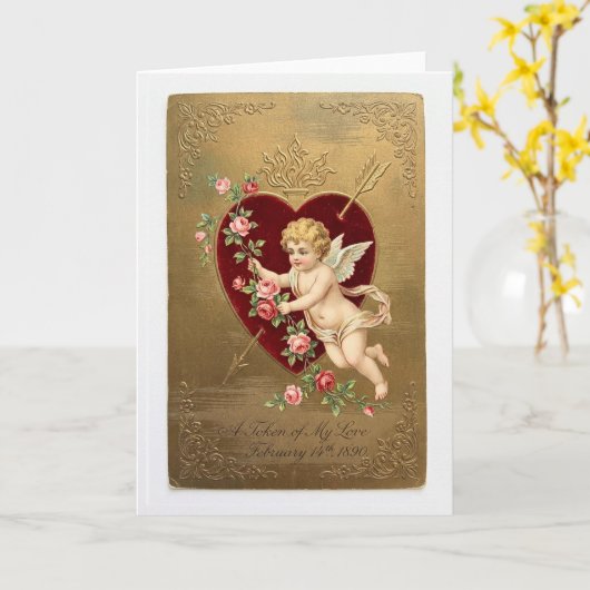 Vintage Cupid Valentine Card カード (黄色い花)