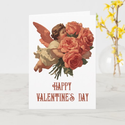Vintage Cupid with Rose Bouquet カード (黄色い花)