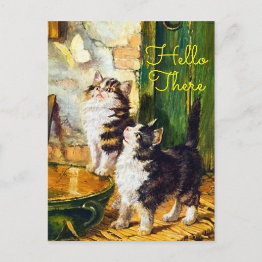 Vintage Curious Kittens Butterfly Hello There` ポストカード (正面)