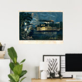 Vintage Currier & Ives Steamboats in Moonlight ポスター (ホームオフィス)