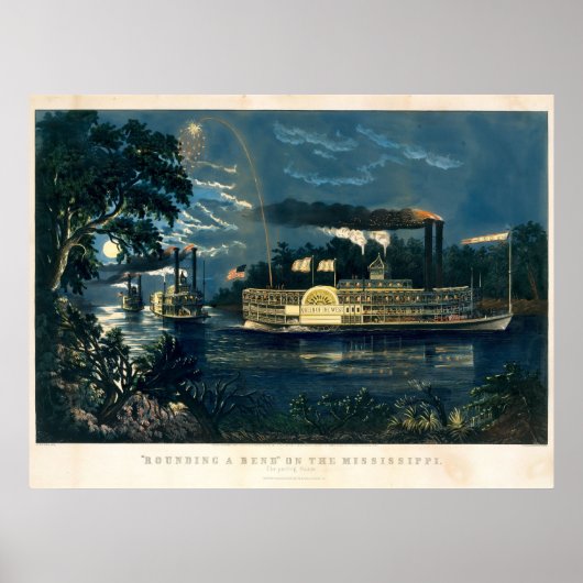 Vintage Currier & Ives Steamboats in Moonlight ポスター (正面)