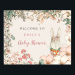 Vintage Cute Bunny Welcome Baby Shower ポスター<br><div class="desc">Vintage Cute Bunny Welcome Baby Shower. Welcome your guests cute vintage style charm with a  bunny in pink with flowers on her head peaking out from behind a floral border in cream and blush with greenery.  You can easily personalise the text to your own details.</div>