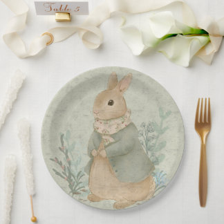  vintage cute bunny with flowers Paper Plate ペーパープレート