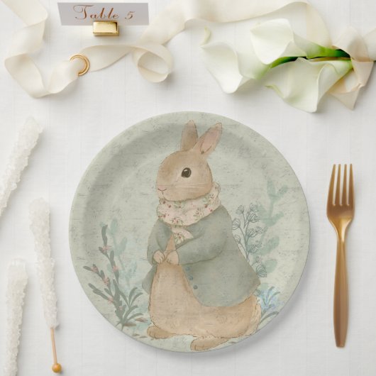  vintage cute bunny with flowers Paper Plate ペーパープレート (ウェディング)