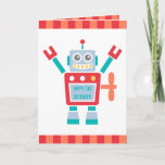 Vintage Cute Robot Toy Happy Birthday カード<br><div class="desc">Wish the little boy a happy birthday with this cute greeting card! It features a happy red and blue robot toy that has a key winder on its back. The robot also has a screen on its body to personalise message for the birthday boy! Great for birthday boys who love...</div>