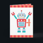 Vintage Cute Robot Toy Happy Birthday カード<br><div class="desc">Wish the little boy a happy birthday with this cute greeting card! It features a happy red and blue robot toy that has a key winder on its back. The robot also has a screen on its body to personalise message for the birthday boy! Great for birthday boys who love...</div>