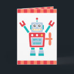 Vintage Cute Robot Toy Happy Birthday カード<br><div class="desc">Wish the little boy a happy birthday with this cute greeting card! It features a happy red and blue robot toy that has a key winder on its back. The robot also has a screen on its body to personalise message for the birthday boy! Great for birthday boys who love...</div>