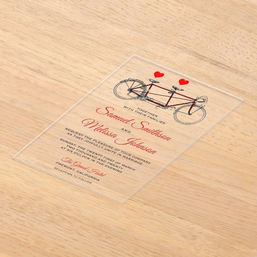 Vintage Cute Tandem Bicycle Wedding アクリル招待状 (レイダウン)