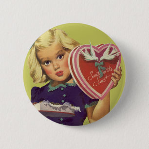 Vintage Cute Valentine's Day, Girl with Chocolates 缶バッジ