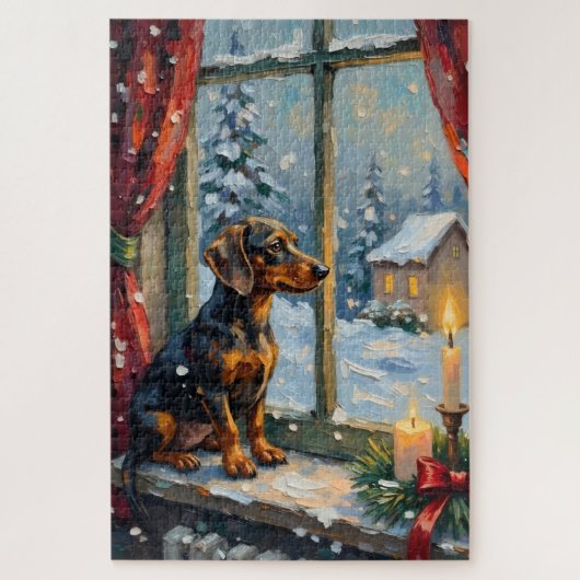 Vintage Dachshund by Cozy Christmas Window ジグソーパズル (縦)