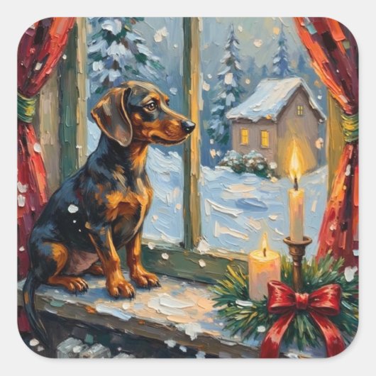 Vintage Dachshund by Cozy Christmas Window スクエアシール (正面)