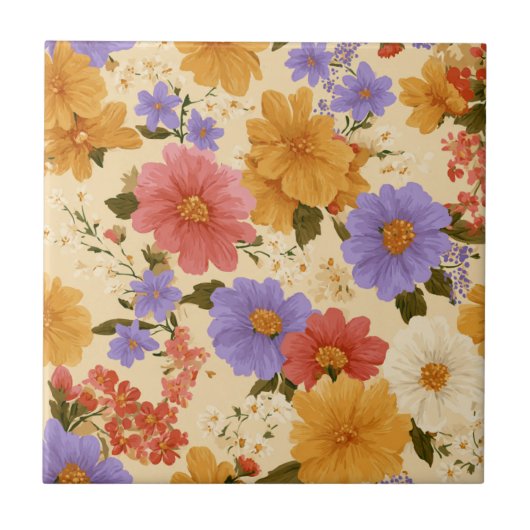 Vintage Daisy Floral Pattern (2) タイル (正面)