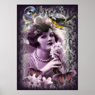 Vintage damask 1920s Paris Lady Flapper Girl ポスター