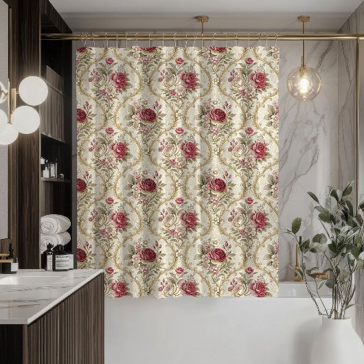 Vintage Damask Curtain Pastel Bathroom Elegance シャワーカーテン