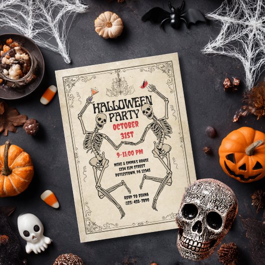 Vintage Dancing Skeleton Elegant Gothic Halloween 招待状
