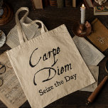 Vintage Dark Academia Carpe Diem Scholarly Latin  トートバッグ<br><div class="desc">"Carpe Diem" -- Seize the Day -- anyone who loves the Dark Academia Aesthetic,  movies like "Dead Poets Society" and books like "Brideshead Revisited" knows that Latin phrase. This Roman scholarly phrase makes this bag perfect for toting books. The phrase appears in dramatic antiquated lettering. Carpe diem!</div>