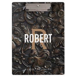 Vintage dark brown tooled leather monogram name クリップボード