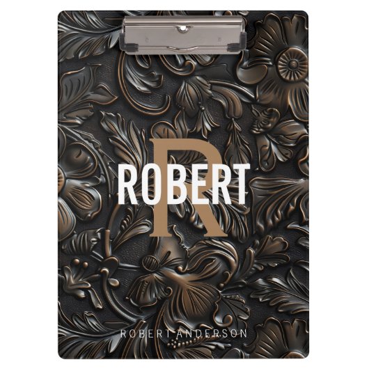 Vintage dark brown tooled leather monogram name クリップボード (正面)