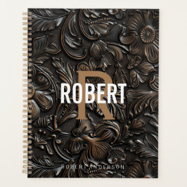 Vintage dark brown tooled leather monogram name プランナー手帳