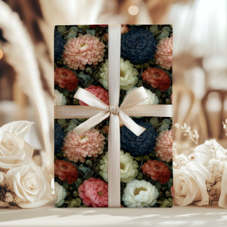 Vintage Dark Floral Peony Dahlia Pink Pattern ラッピングペーパーシート