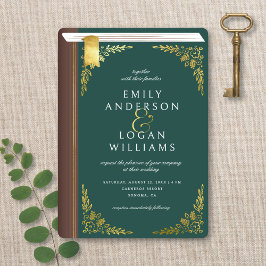 Vintage Dark Green Book Cover Gold Floral Wedding 招待状