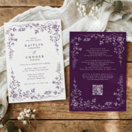 Vintage Dark Purple French Floral Wedding 招待状