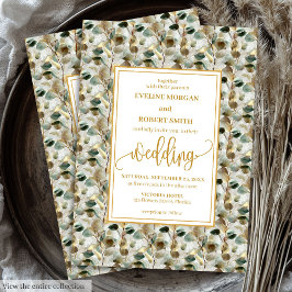Vintage Deep Green Gold Foliage Wedding Invitation 招待状