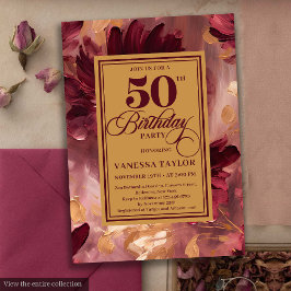 Vintage deep red blush gold floral 50th birthday  招待状