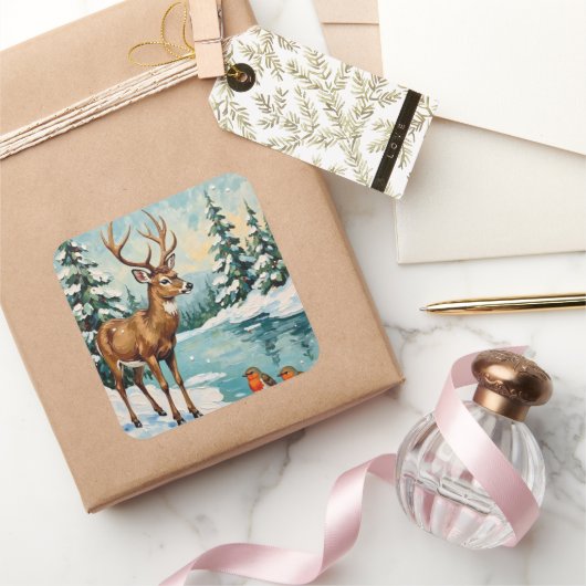 Vintage Deer and Robins Christmas Scene スクエアシール (ギフト)