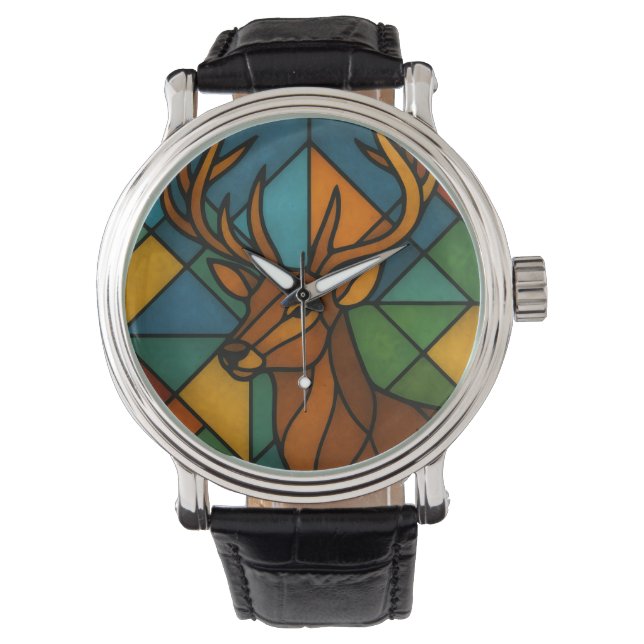 Vintage Deer Tiffany Style Stained Glass Design 腕時計 (正面)