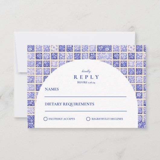 Vintage Delft Patchwork Wedding 出欠カード (正面)
