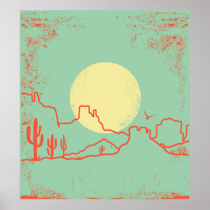 Vintage Desert landscape with Cactuses and Canyon. ポスター