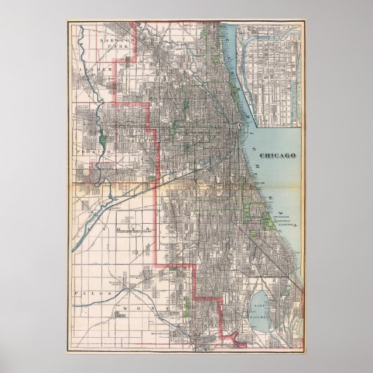 Vintage Detailed Chicago Map Poster 1895 ポスター (正面)