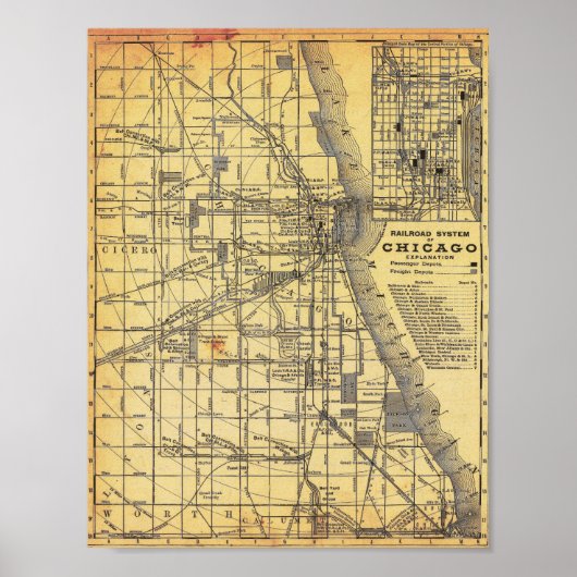Vintage Detailed Railroad Map of Chicago Poster ポスター (正面)
