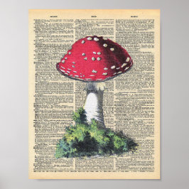 Vintage Dictionary Art Red Mushroom Fairy House ポスター