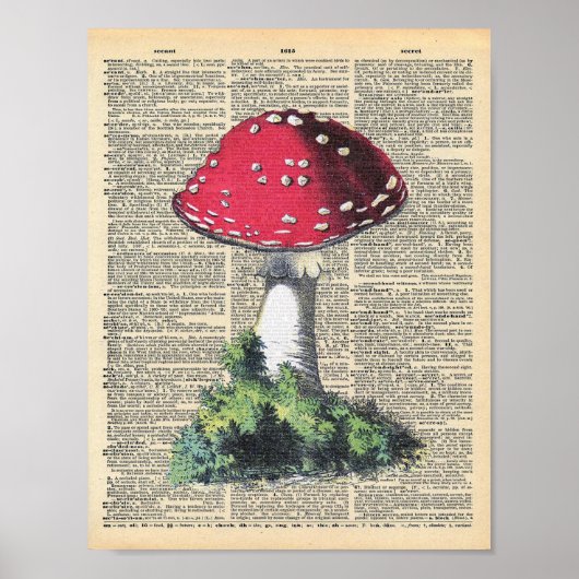Vintage Dictionary Art Red Mushroom Fairy House ポスター (正面)