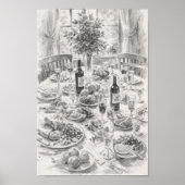 Vintage Dining Table Pencil Sketch, Classic Still ポスター (正面)