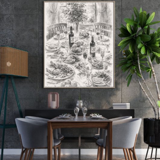 Vintage Dining Table Pencil Sketch, Classic Still ポスター