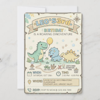 Vintage Dinosaur Adventure Map 3rd Birthday Party 招待状