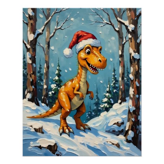 Vintage Dinosaur with Santa Hat Christmas Scene ポスター (正面)