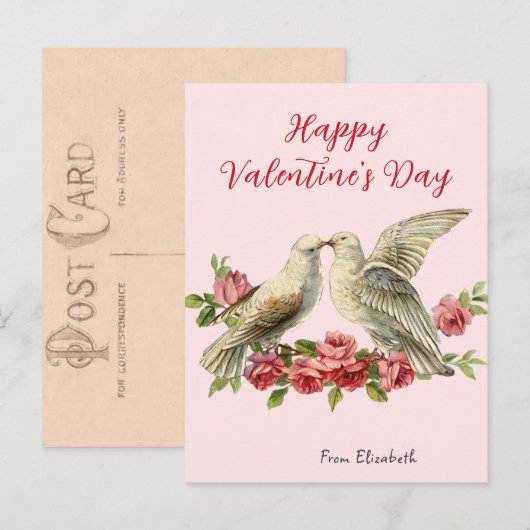 Vintage Doves Pink Valentine's Day Card  ポストカード (正面/裏面)