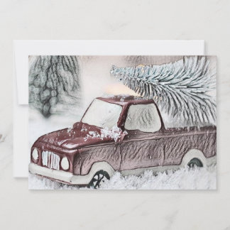 Vintage Drawing of a Red Truck with Christmas Tree 招待状